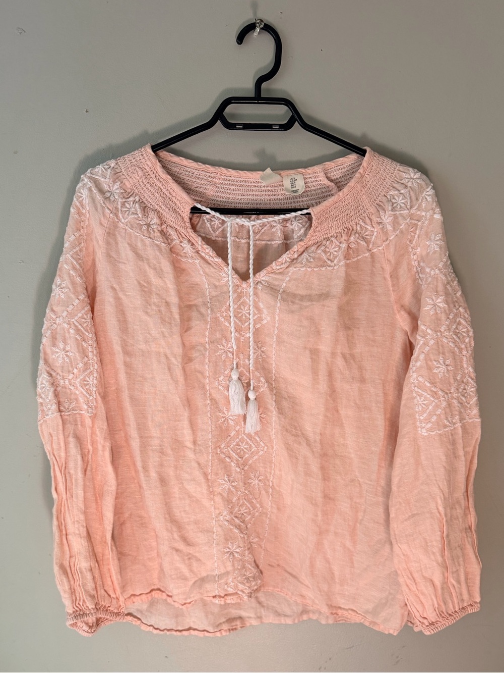 Joie bohemian oversized long sleeve boho embroidered tassel linen top